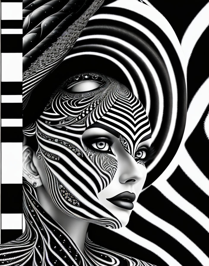 Monochrome image of person's face with zebra stripe patterns