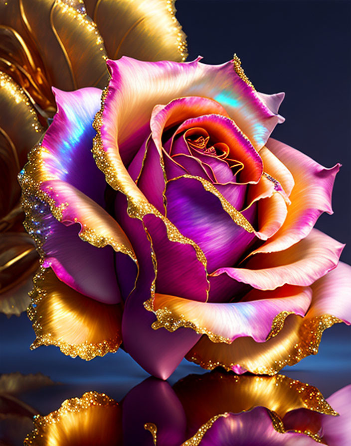 Digitally-enhanced iridescent rose with gold glitter on dark background