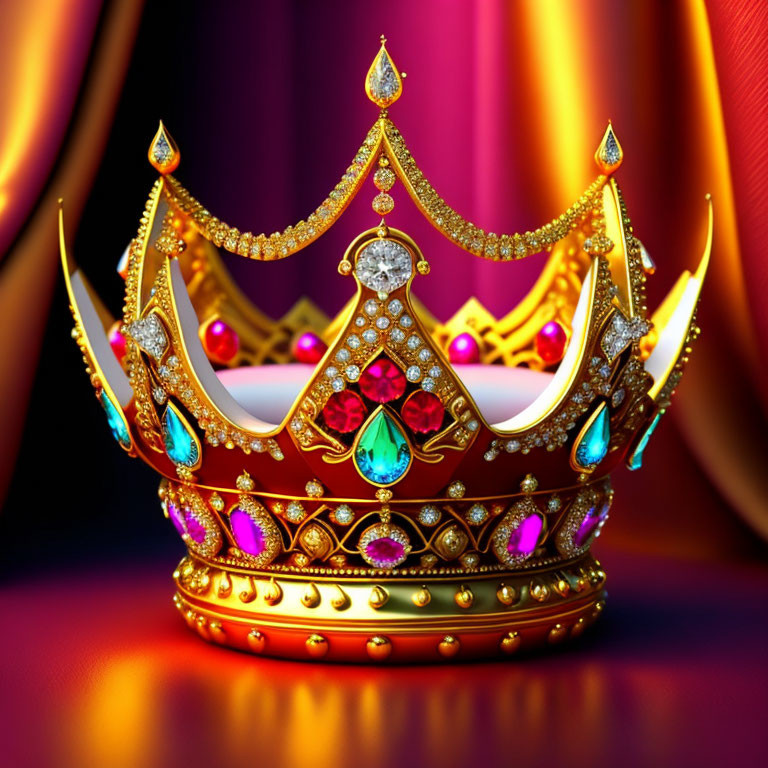 Luxurious Golden Crown with Diamonds, Rubies, and Sapphires on Purple and Red Background