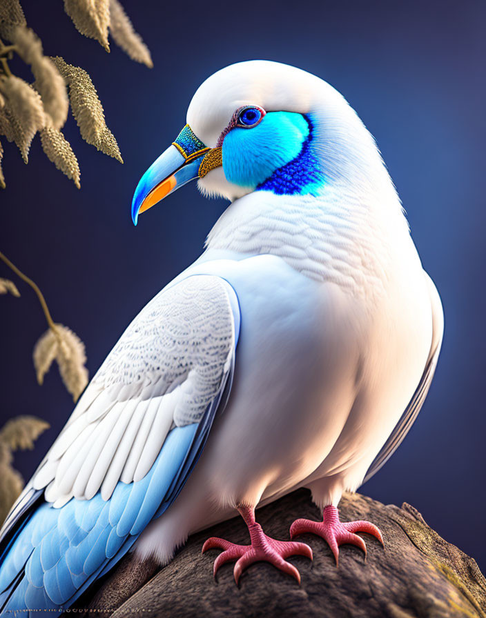 Colorful Bird with White Feathers and Bright Blue Accents on Wooden Branch