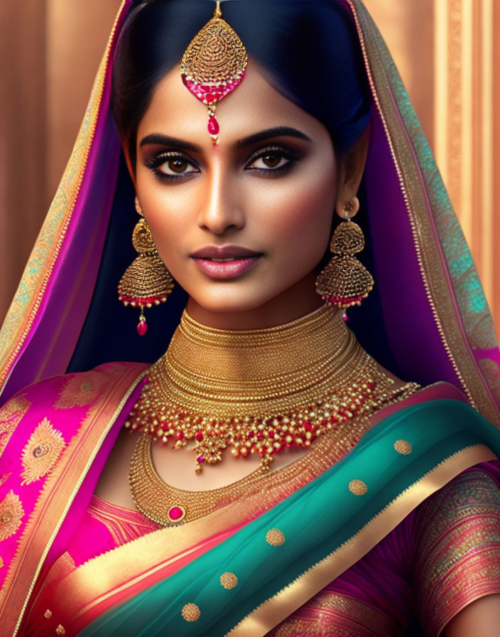 Traditional Indian Bridal Attire with Colorful Saree and Heavy Jewelry