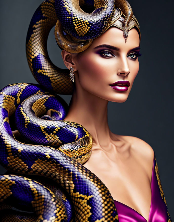 Woman with striking makeup and golden headdress posing with blue and yellow snake.