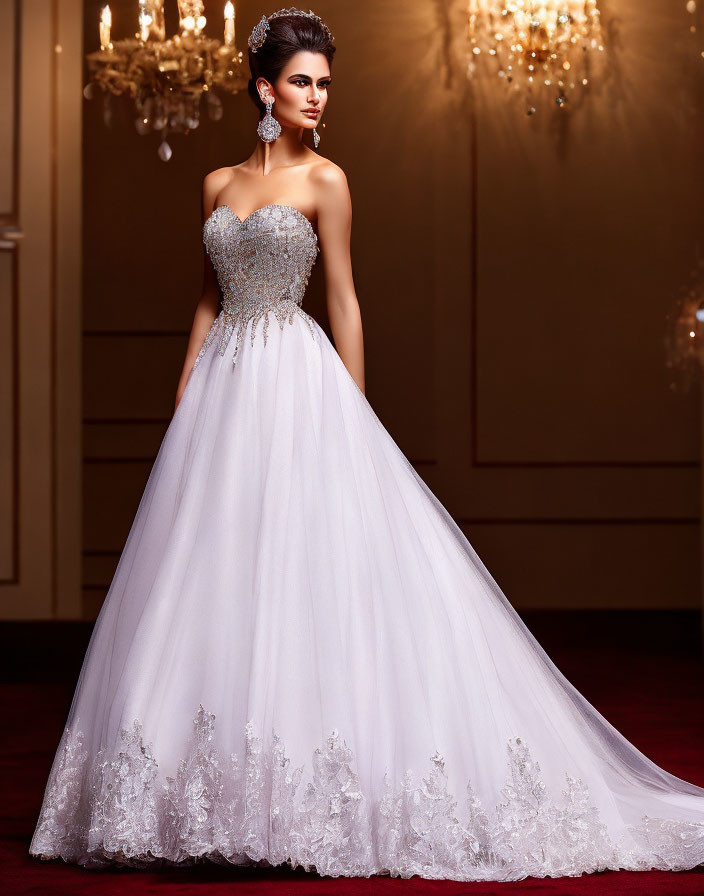 Elegant woman in white strapless ball gown with lace detail in luxurious room