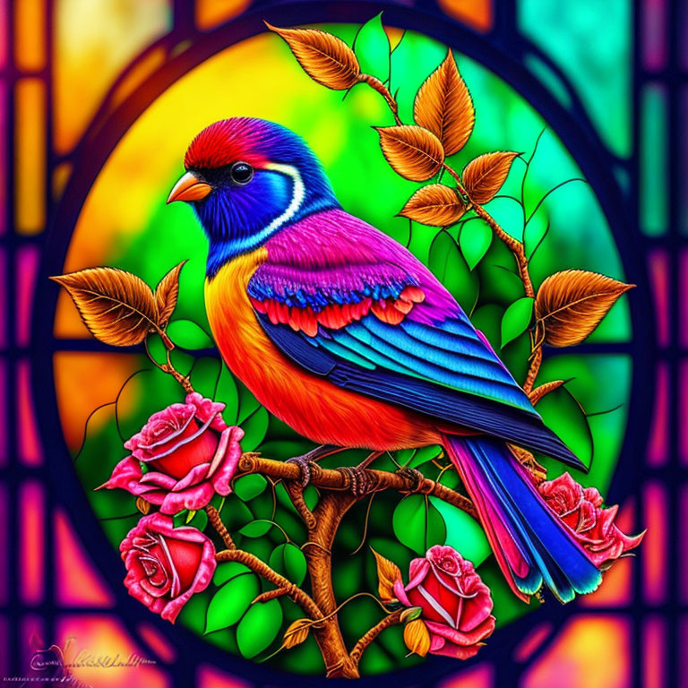 Colorful Bird Illustration on Branch with Stained Glass Background