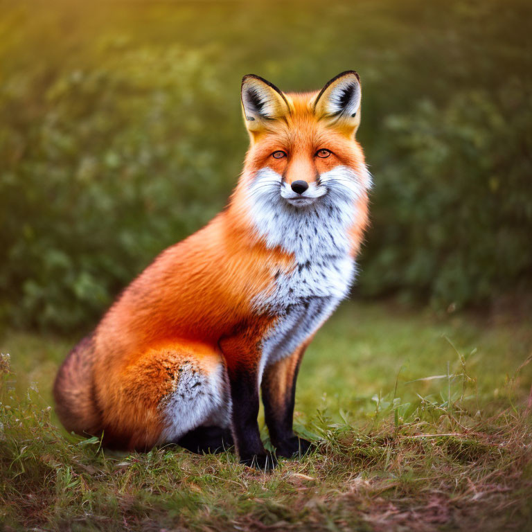 Red Fox Sitting Gracefully in Field with Bushy Tail and Attentive Gaze