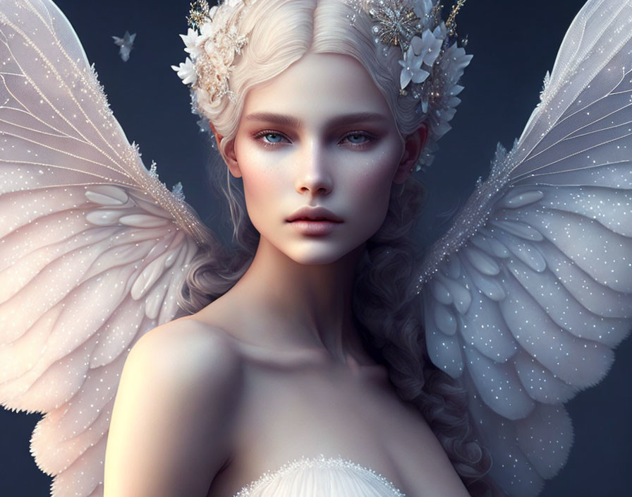 Serene angelic figure with intricate wings and floral crown