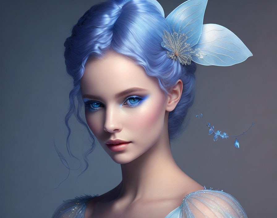 Fantasy portrait of woman with blue hair and butterfly accessory