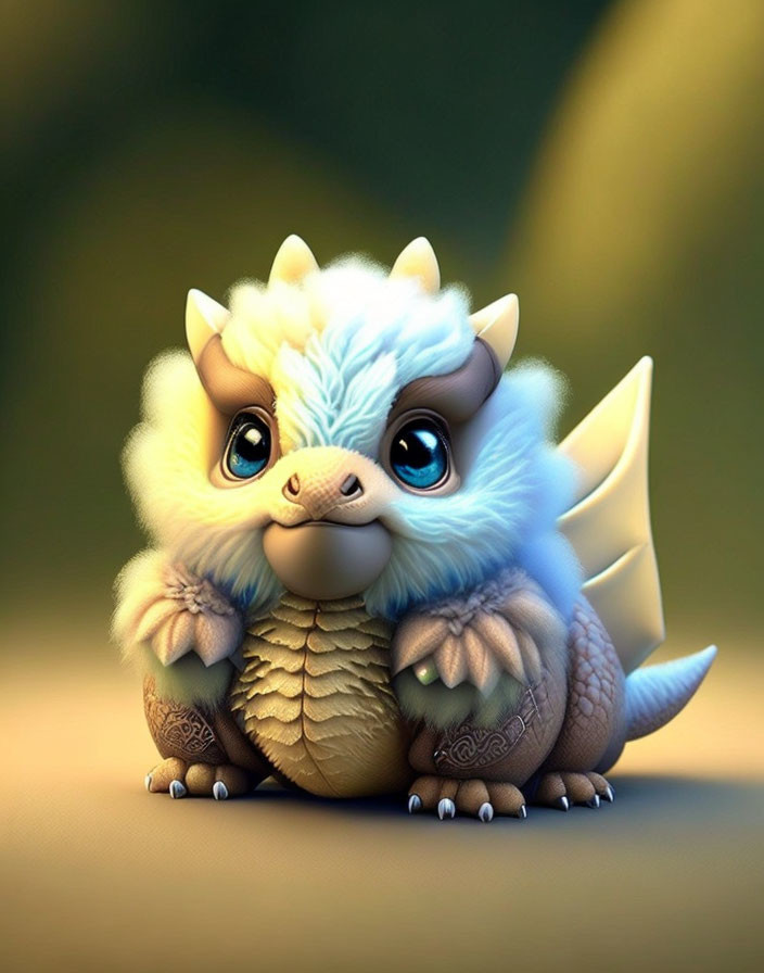 Stylized fantasy creature: cute dragon-like with fluffy fur & intricate patterns