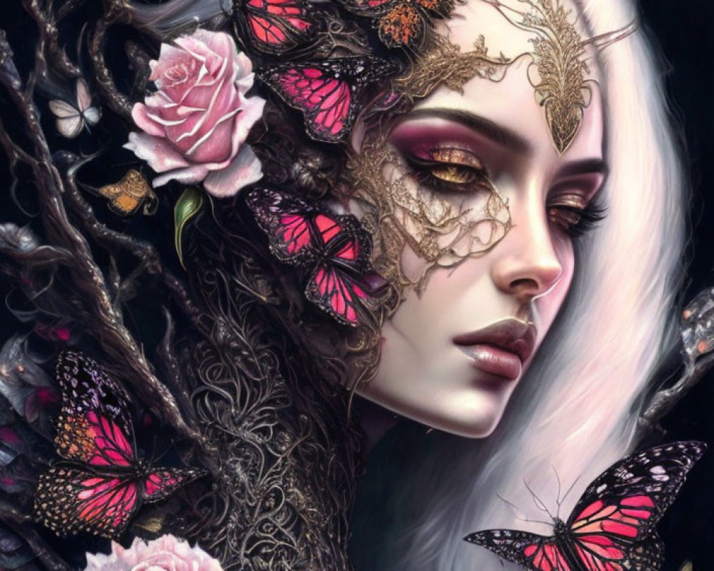 Fantasy portrait of woman with pale skin, white hair, golden mask, butterflies, roses on dark
