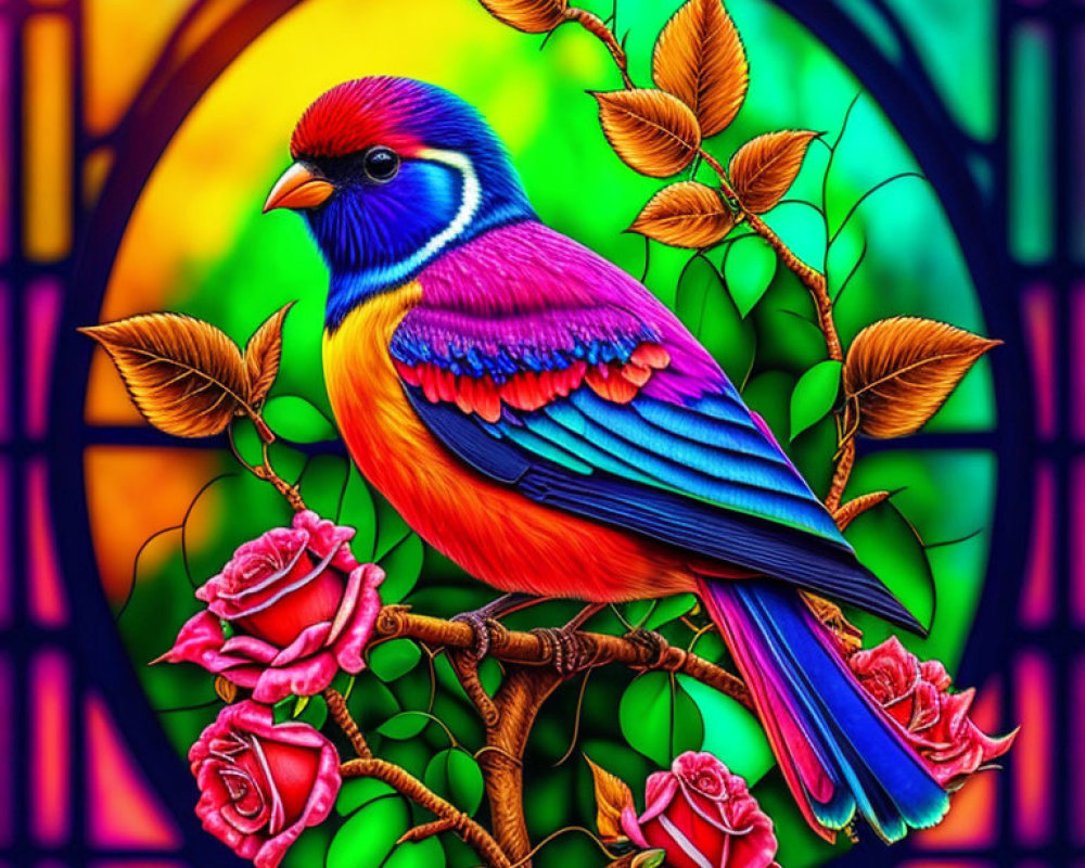 Colorful Bird Illustration on Branch with Stained Glass Background