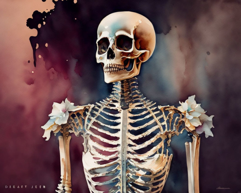 Human skeleton with floral skull on dark background