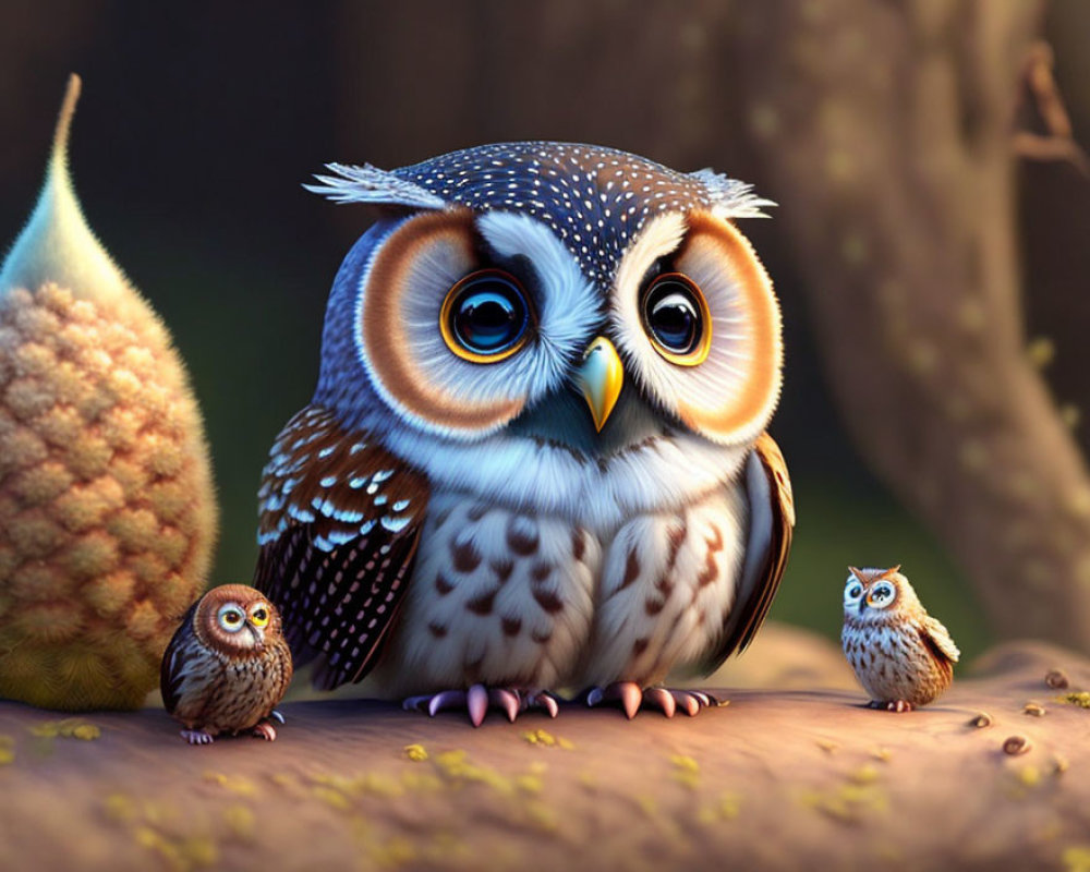Three Cartoonish Owls on Branch in Forest Setting