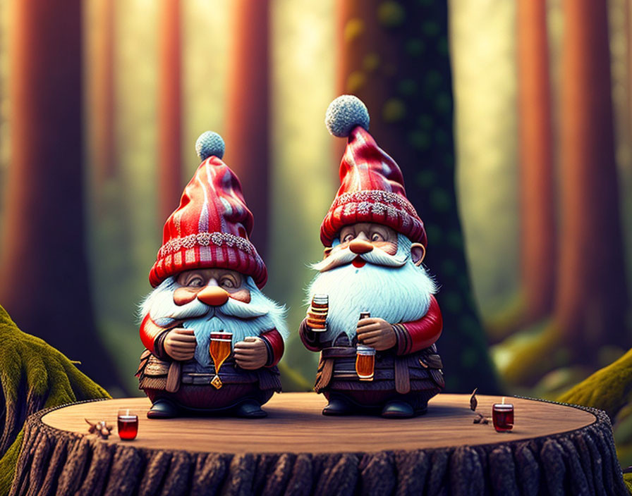 Illustrated garden gnomes with red hats holding mugs on forest stump