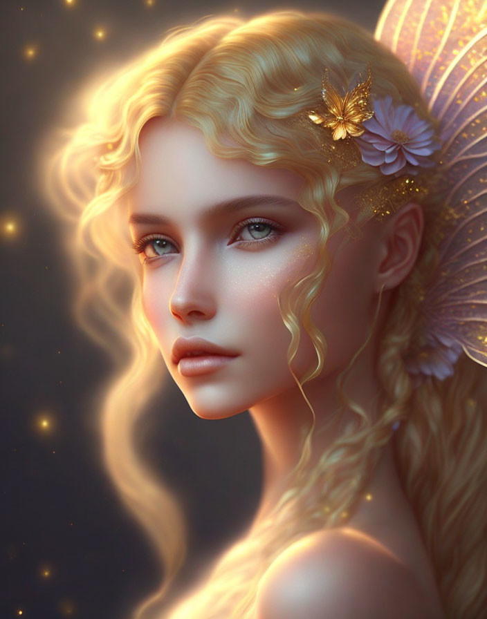 Fantasy female character portrait with golden hair and nature-inspired accessories