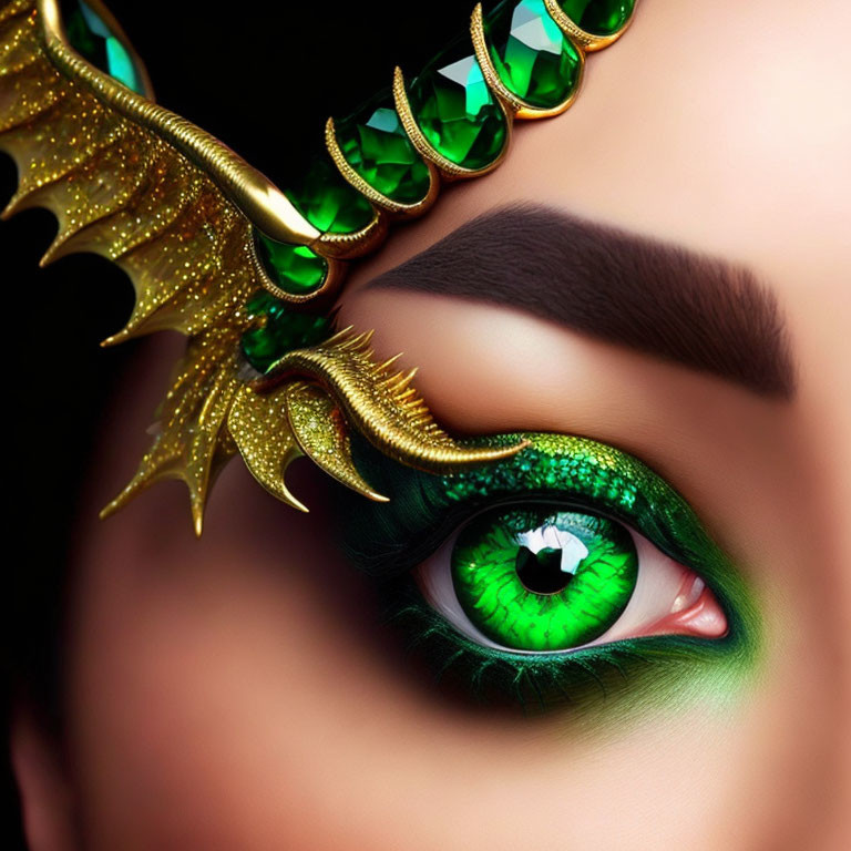 Vibrant green makeup eye with dragon-shaped emerald accessory