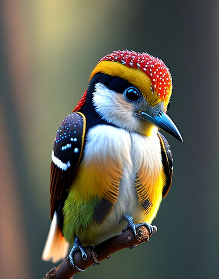 Colorful bird with red-spotted crown, black eye mask, yellow chest, and patterned wings