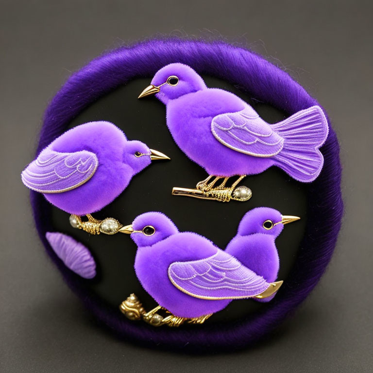 Purple Embroidered Bird Brooches with Golden Accents on Dark Background