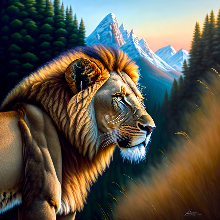 Majestic lion in serene pose against lush forest and mountains