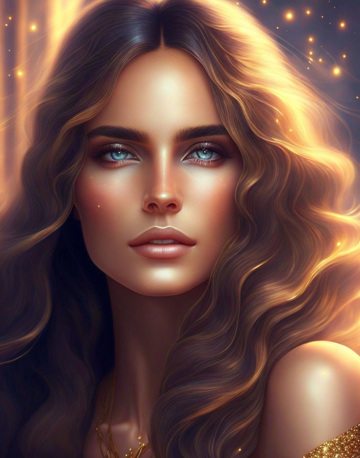Portrait of a woman with deep blue eyes and wavy hair surrounded by golden sparkles