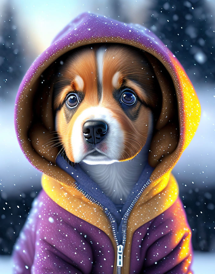 Adorable Puppy in Purple and Yellow Hooded Jacket with Snowflakes