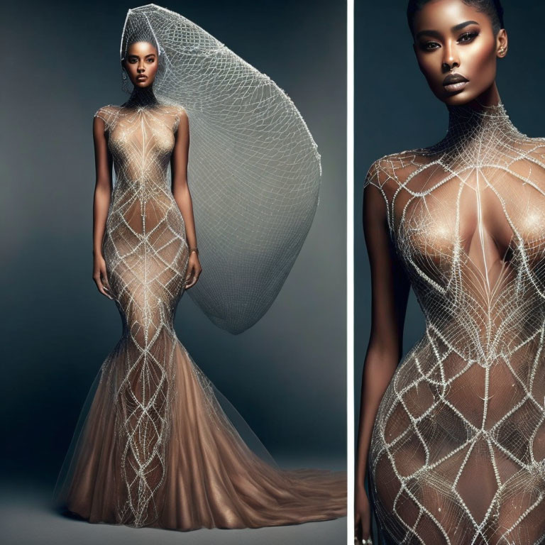 Avant-garde woman in sheer gown with intricate web-like patterns