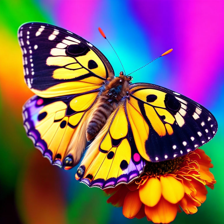 Colorful Butterfly Resting on Orange Flower against Rainbow Background