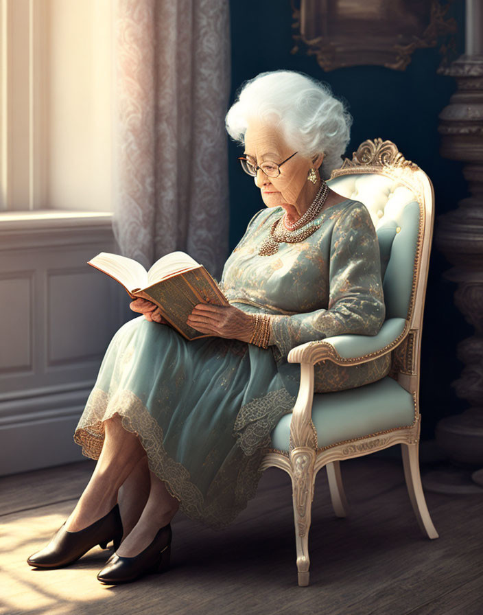 Elderly lady in lace dress reading book in ornate chair