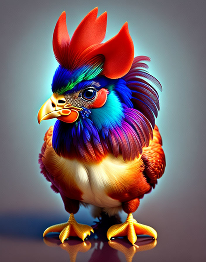 Colorful digital artwork: Exaggerated rooster with vibrant plumage.