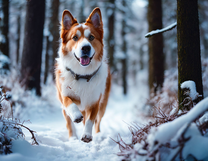 Brown and White Dog Running in Snowy Forest