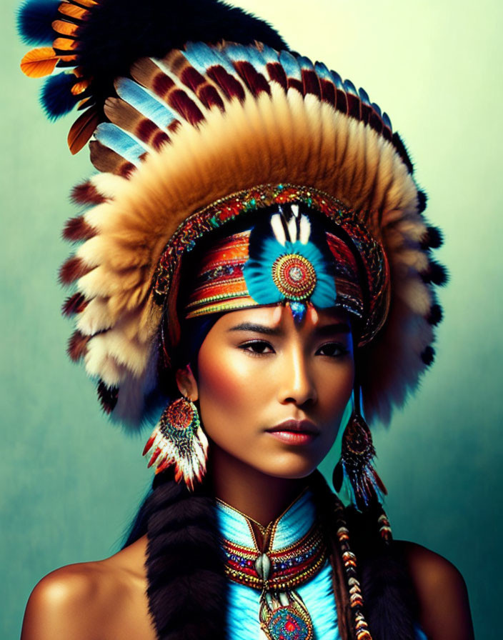 Colorful Native American Headdress with Feathers and Beadwork on Blue Background