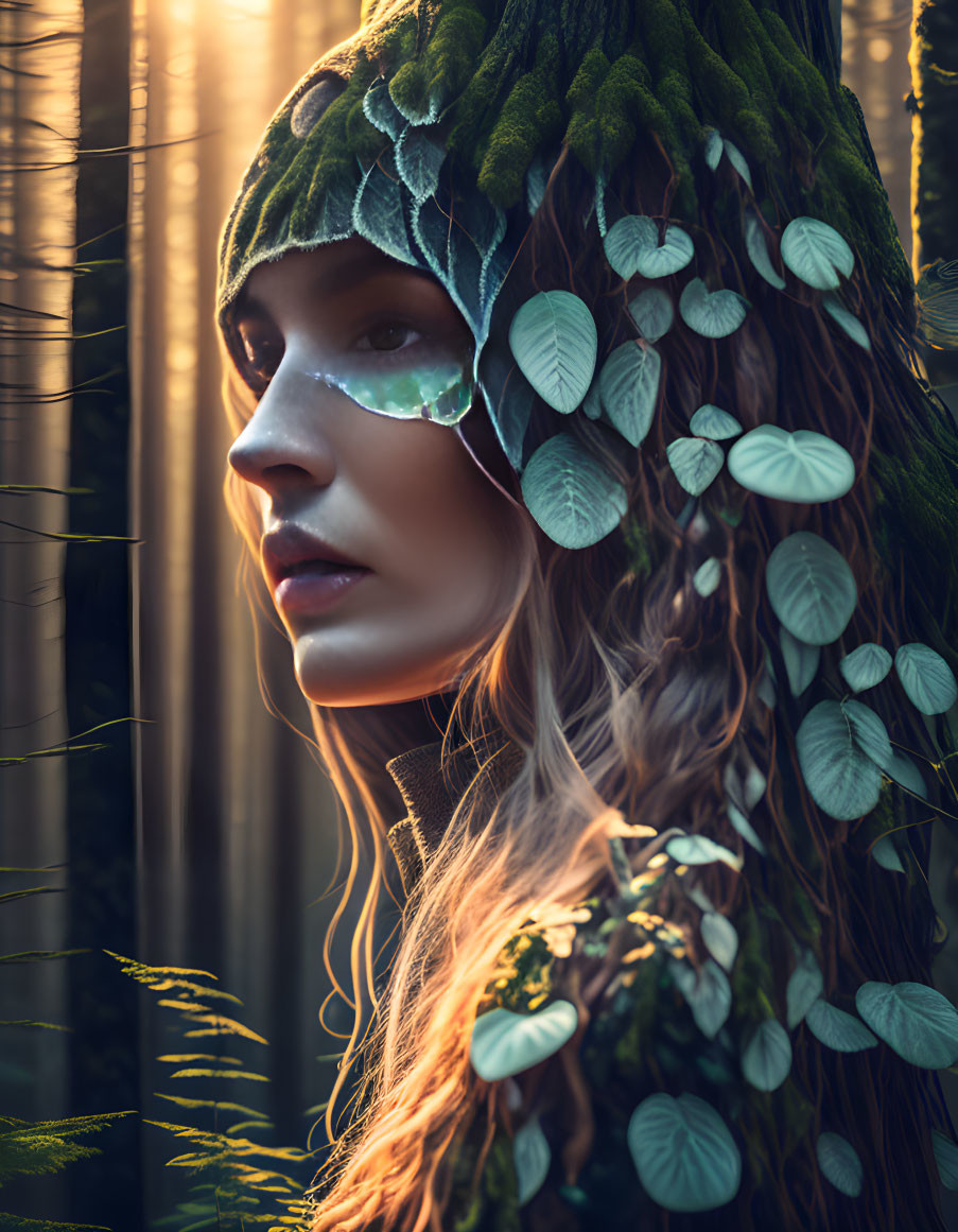 Woman with Green Leafy Headdress in Forest Nymph Makeup