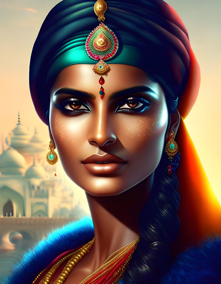 Digital artwork featuring woman in turban, ornate jewelry, and palace backdrop.