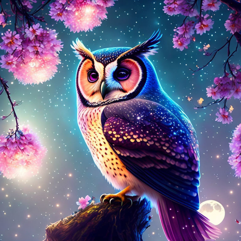 Colorful Stylized Owl Perched on Branch with Pink Flowers at Night