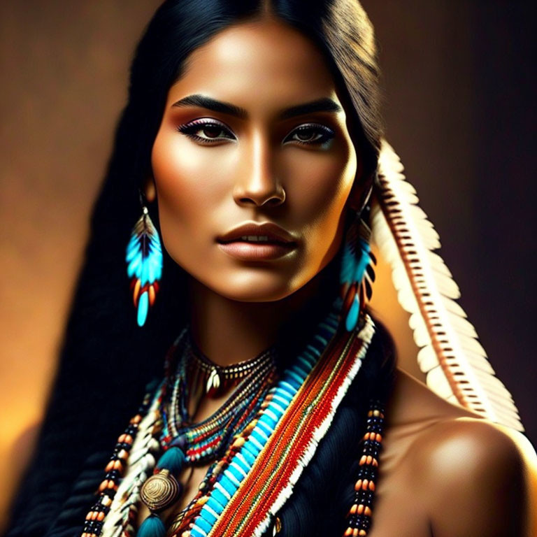 Portrait of a woman in Native American attire with feather headdress and jewelry