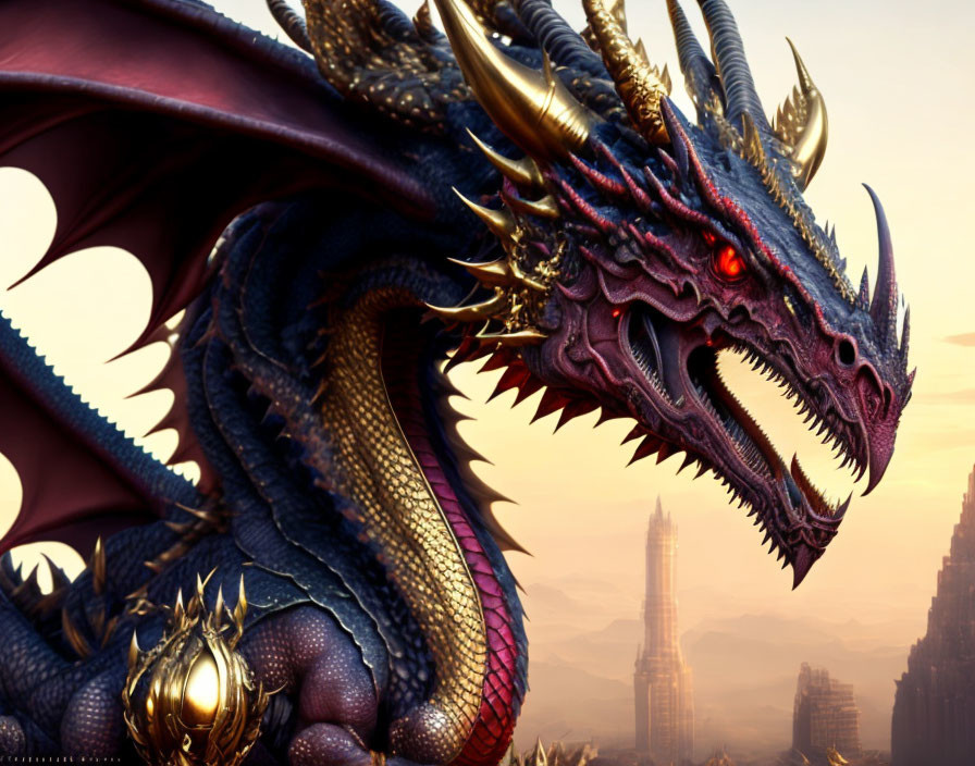 Detailed Digital Artwork: Fierce Dragon with Blue Scales and Red Eyes in Medieval Tower Setting