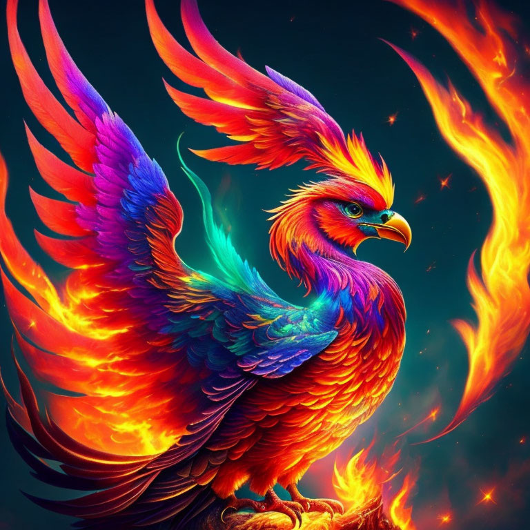 Colorful Phoenix Bird with Spread Wings in Fiery Flames on Dark Background