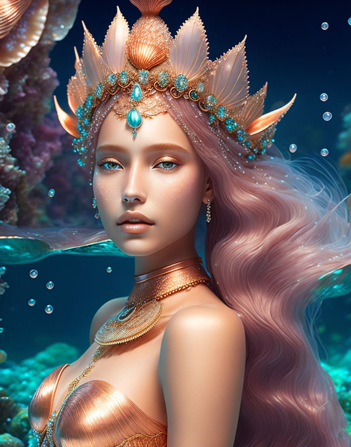 Regal mermaid with pink hair and ornate crown in underwater scene