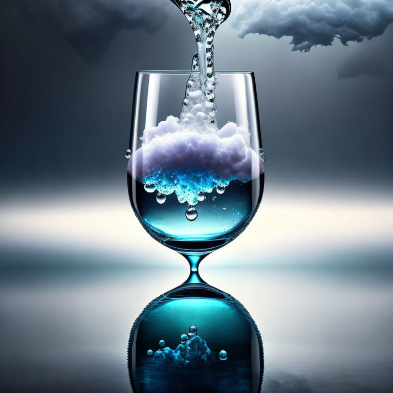 Glass with water pouring forming cloud raining, stormy background