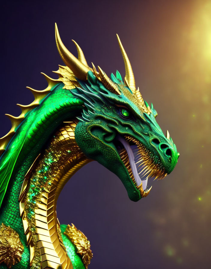 Majestic green and gold dragon in profile on dark starry background