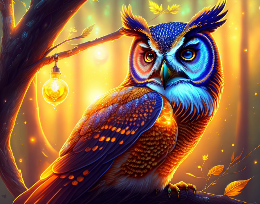 Colorful Owl Artwork Perched by Glowing Light Bulb in Enchanting Forest