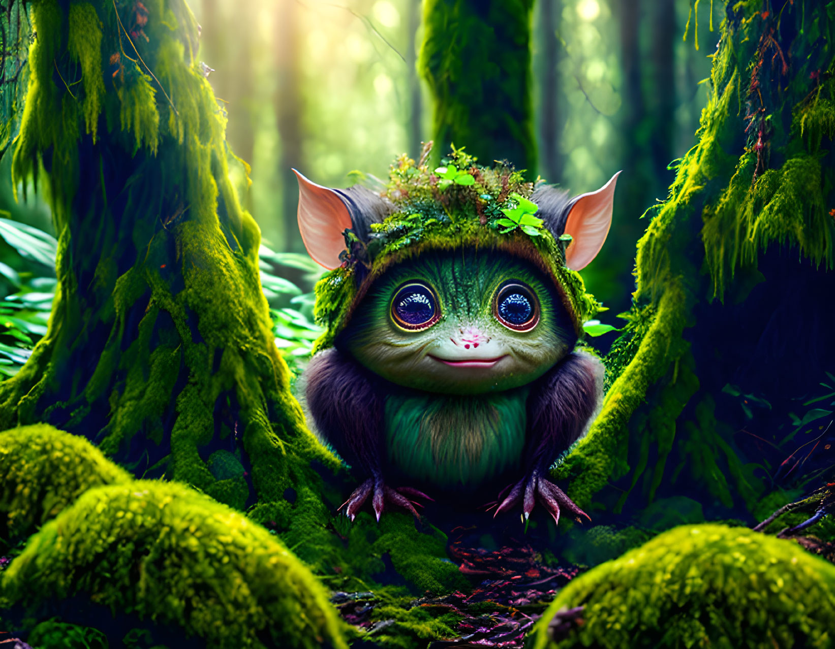 Enchanted creature with large ears and eyes in mossy forest