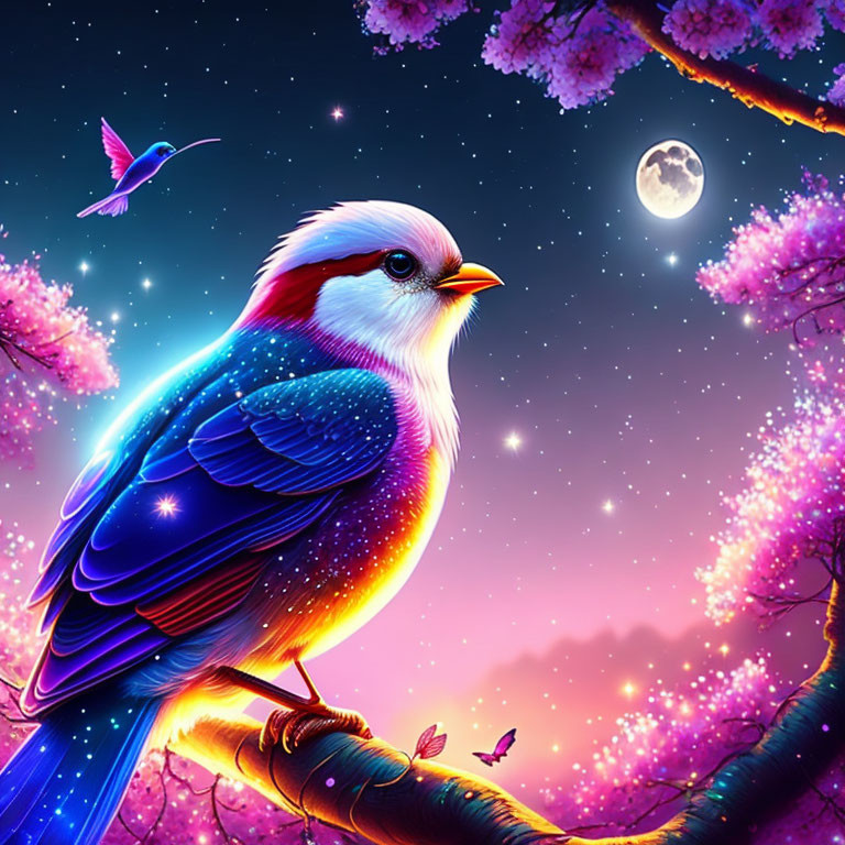 Colorful bird on branch with pink blossoms under full moon & stars