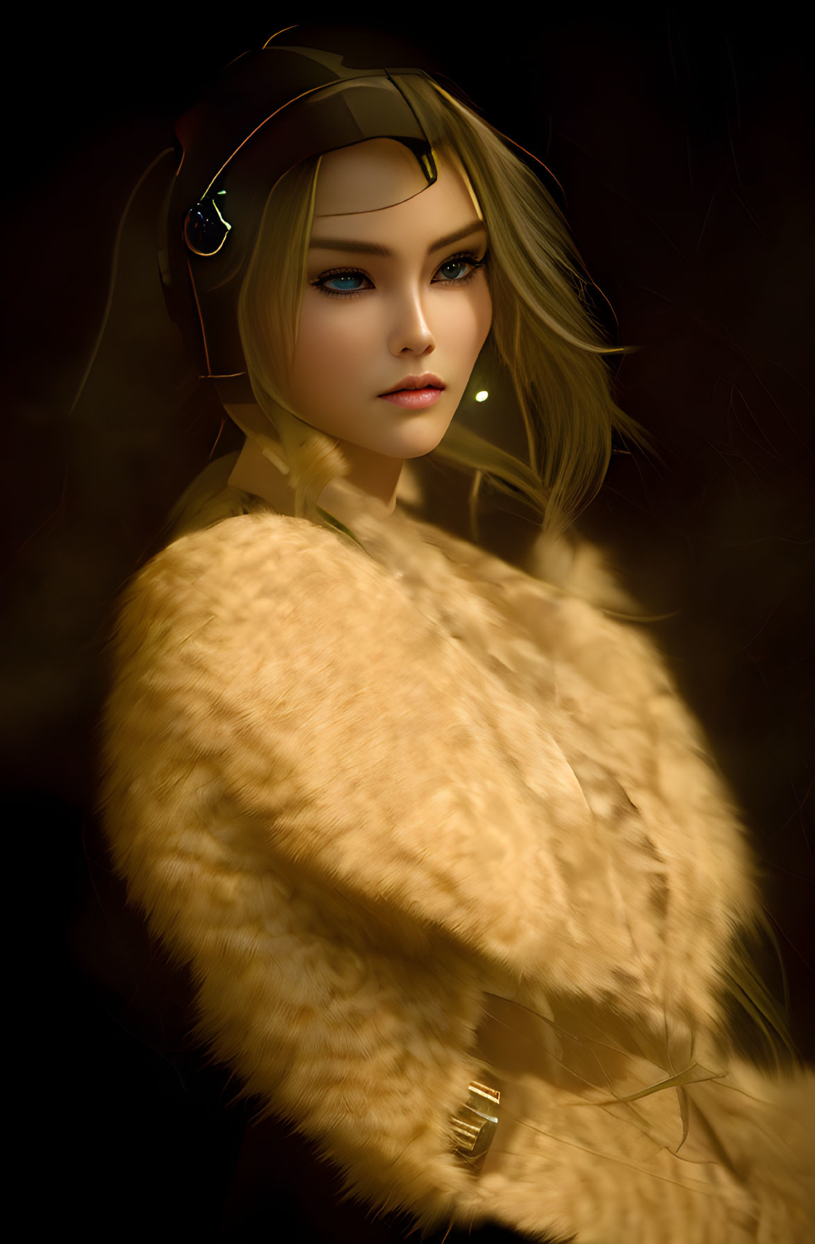 Digital artwork: Woman with blue eyes in helmet & beige coat on dark background