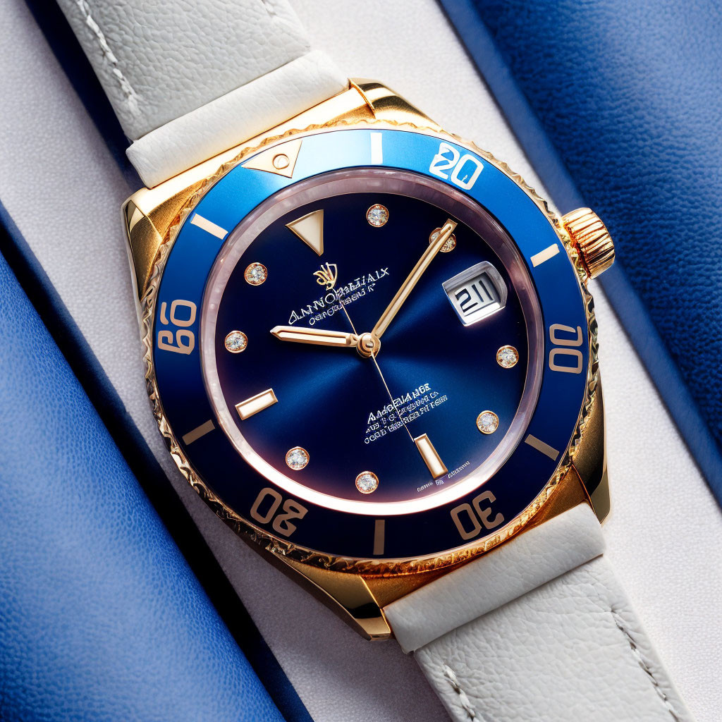 Gold-Toned Wristwatch with Blue Dial, Diamond Markers, Date Function, and White Strap
