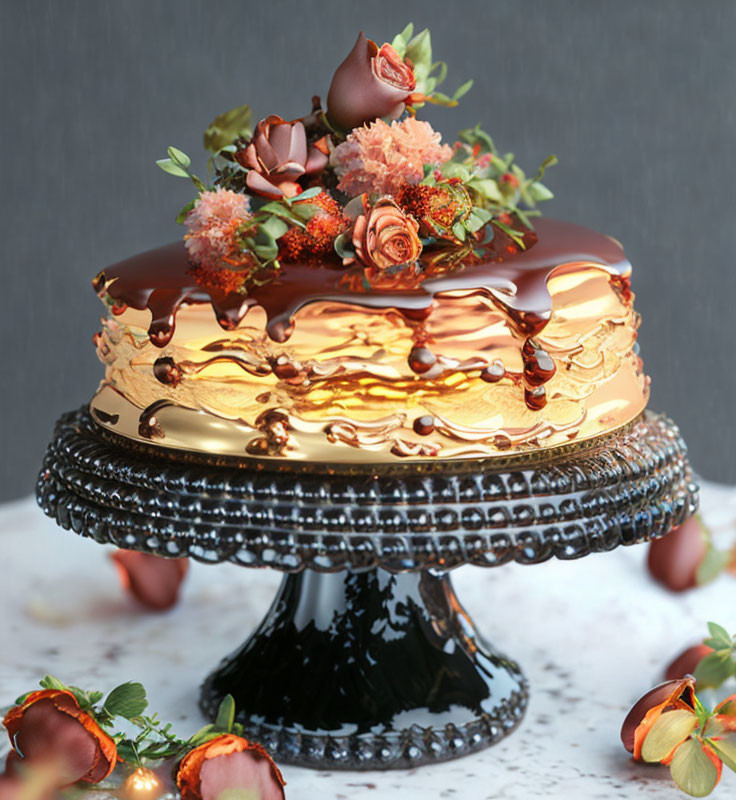 Luxurious cake with glossy chocolate ganache, golden frosted layers, delicate flowers, and roseb