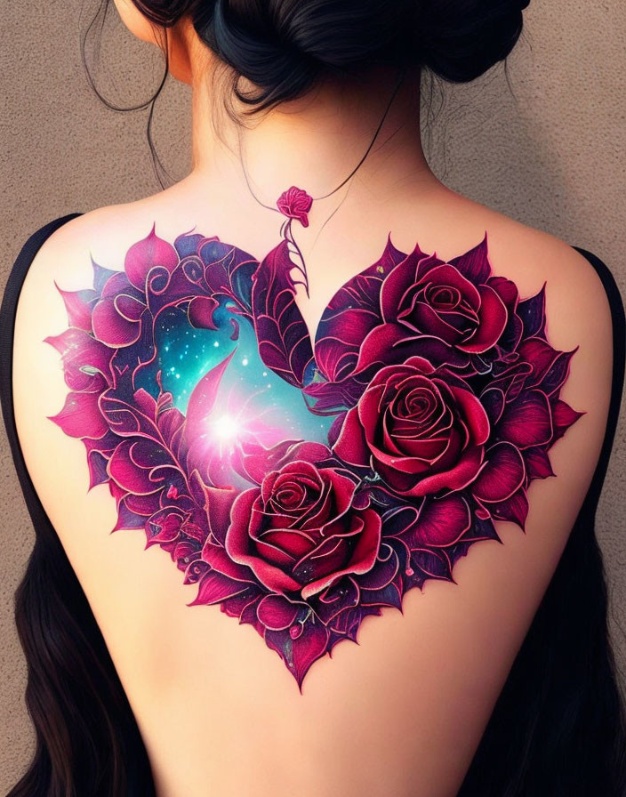 Heart-shaped rose bouquet tattoo on upper back with cosmic backdrop