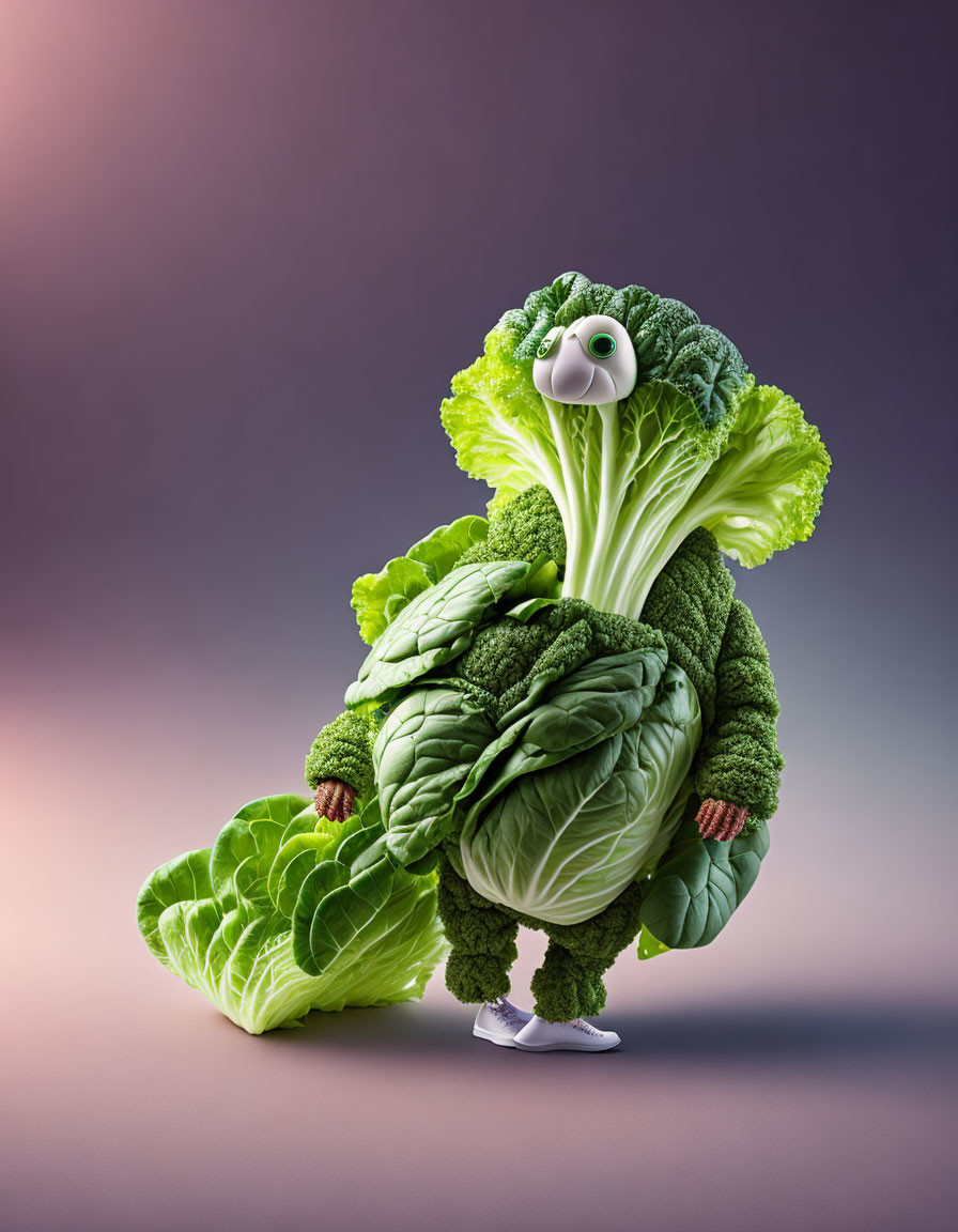 Leafy greens anthropomorphic figure with hands and sneakers, resembling a cabbage and lettuce person.