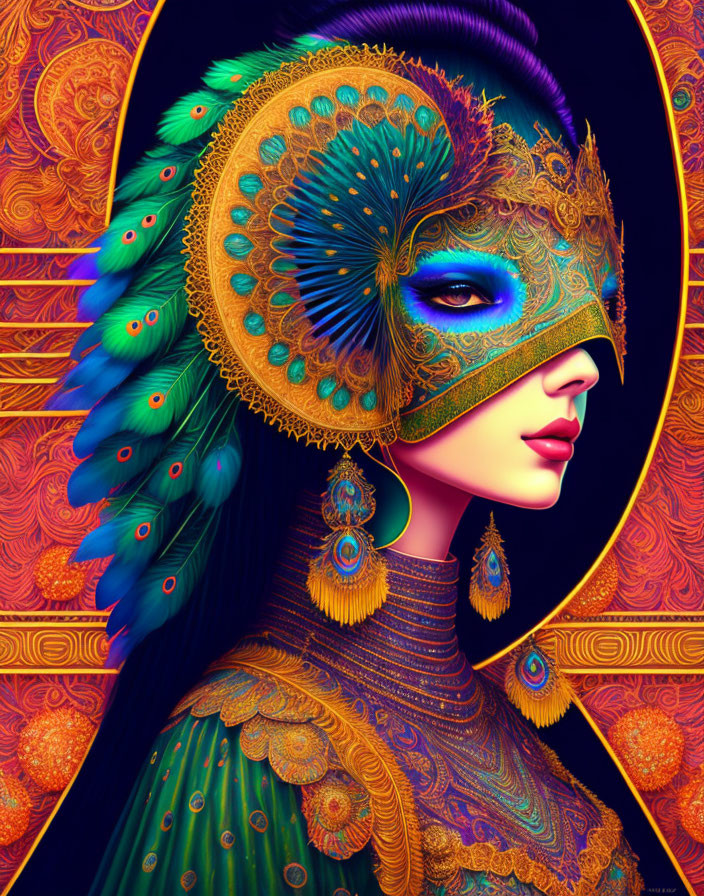 Colorful woman with peacock mask and headdress on ornate background