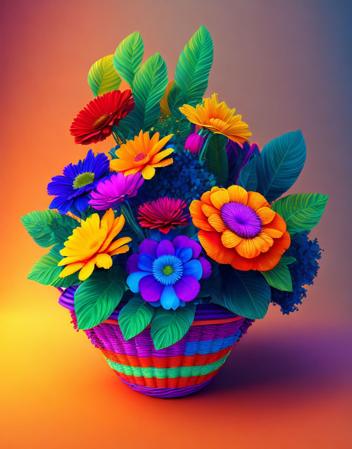 basket of colorful flowers in surrealistic style