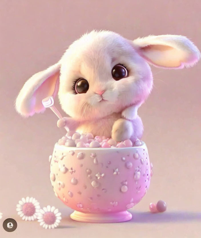 Fluffy bunny in pink bowl with pearls, holding a pearl, surrounded by flowers